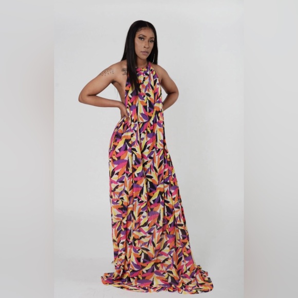 Multicolor Floral Print Chiffon Sleeveless Halter Neck Backless Maxi Dress - Picture 3 of 5